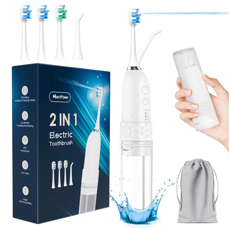 Marchpower Electric Toothbrush with Water Flosser Combo, 2-in-1 Cordless Oral Irrigator Dental Flosser 3x4 Modes, Portable Sonic Tooth Cleaner 3 Brush Heads & 1 Nozzle for Home Travel Gum Care